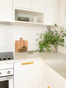 Kitchen renovation small apartment interior design, custom white kitchen joinery with white marble designed by ACP Studio Interior Design in Coogee, Sydney.