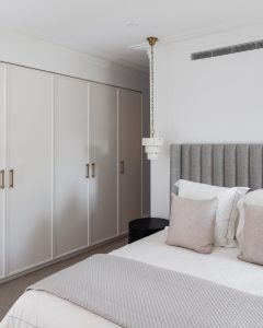 New build custom designed bedroom wardrobes and interior decoration with custom designed furniture and homewares designed by ACP Studio Interior Design in Epping, Sydney.