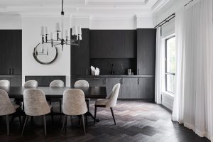 Dining room renovation with black marble bar joinery herringbone floors with custom furniture designed by ACP Studio Interior Design in Vaucluse, Sydney.