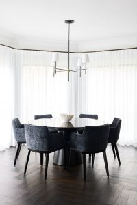 Dining room renovation with white curtains and herringbone floors with custom furniture designed by ACP Studio Interior Design in Vaucluse, Sydney.